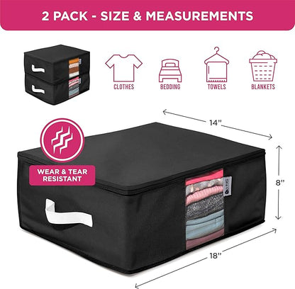 Cedar Clothes Storage Bag Organizer – Protects from Moths, Moisture, Dirt & Dust – Set of 2 Underbed Storage Bags for Clothes, Cashmere Sweaters, Bedding & More - Underbed Storage - Black