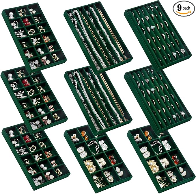 SPAKOWN Jewelry Organizer for Drawer, Adjustable Velvet Jewelry Tray, Stackable Necklace Organizer Earring Holder Organizer Ring Tray Jewelry Storage Display Drawer Inserts Set of 9 (Green)