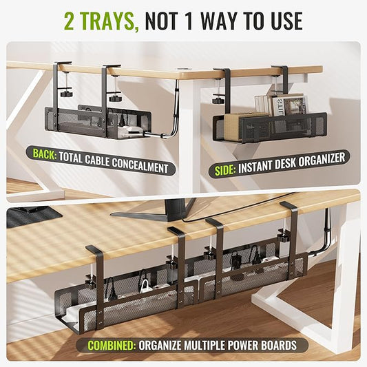 [Upgraded] 2 Pack Cable Management Under Desk Tray, Xpatee 27.6" No Drill Open Slots Cable Management Tray, Cord Wire Organizer Box with Clamp for Table Thickness up to 3" - No Desk Damage(Black)