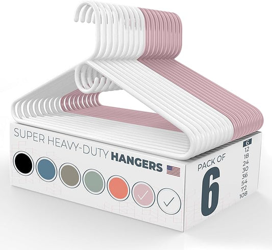 Neaties Super Heavy Duty Clothes Hangers 6 Pack – Made in The USA - 10lb Capacity, Thick Plastic Hangers for Pants, Coats, Jackets, Jeans and Adult Clothing – White & Pink