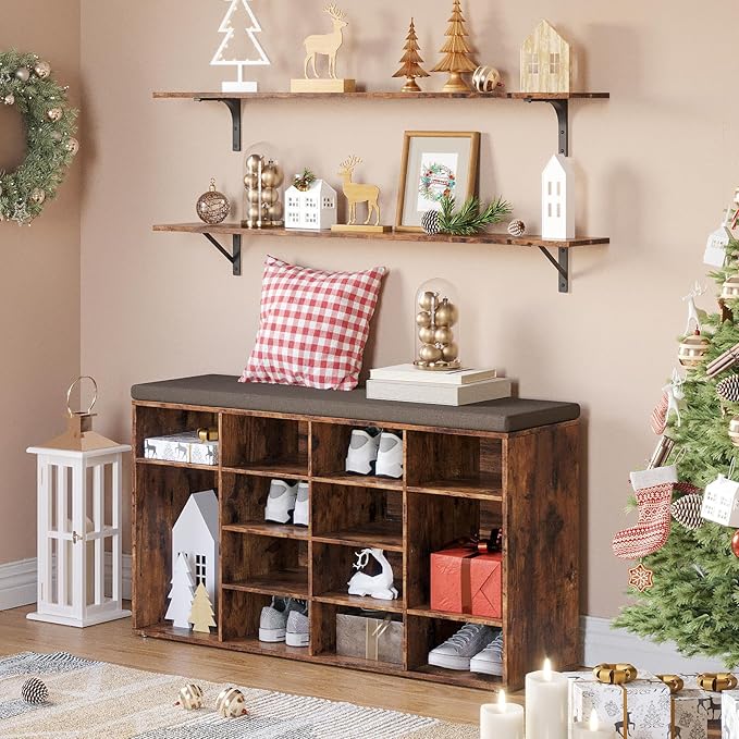 DINZI LVJ Shoe Storage Bench with Cushion, 16-Cubby Shoe Rack, Adjustable Shelves, Multifunctional Shoe Organizer Bench for Entryway, Mudroom, Hallway, Living Room, Bedroom and Garage, Rustic Brown
