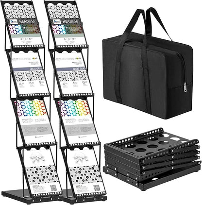 Tatuo 2 Pieces Foldable Magazine Rack Metal Catalog Literature Rack Portable 4 Pockets with Carrying Bag Brochure Stand Literature Display Holder Stand for Exhibition Trade Show