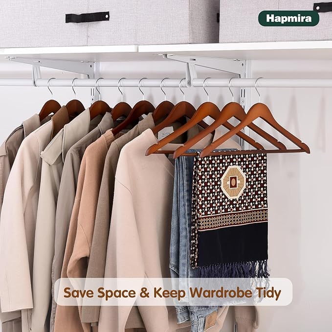 Hapmira Premium Wooden Hangers 10 Pack, Natural Solid Wood Hangers with Trouser Rods and Shoulder Notches, Space Saving for Suits, Shirts, Jackets, Dresses and Pants (10, Vintage)