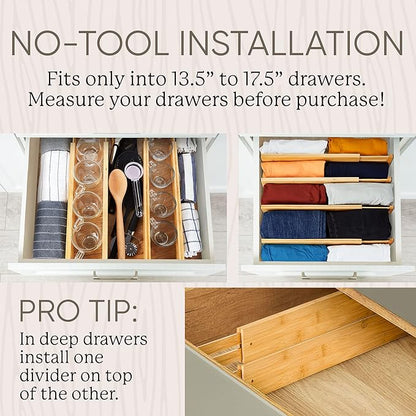 Night Tree Expandable Bamboo Drawer Dividers – Spring-Loaded Wooden Organizers for Clothes, Kitchen Utensils, Bathroom, and Dresser Drawers (13.5" to 17.5")