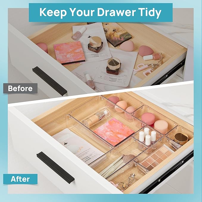 Vtopmart 10 Pcs Makeup Drawer Organizer Bins Set, 4 Size Plastic Makeup and Vanity Organizer Trays, Clear Acrylic Vanity Storage Containers for Cosmetics, Toiletries, Jewelry, Gadgets, Office Supply