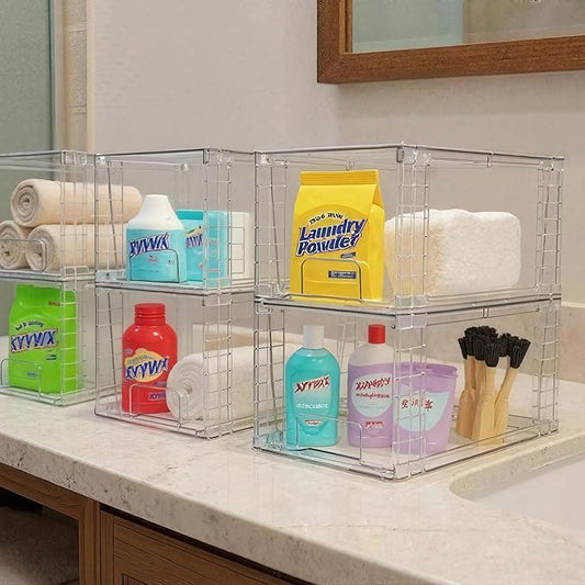 Medium Clear Stackable Storage Drawers (4 Pack), High-strength Acrylic Organizer Bins with Handles, Plastic Drawers for Fridge Bathroom Cabinet Closet Undersink Pantry Kitchen Makeup Storage