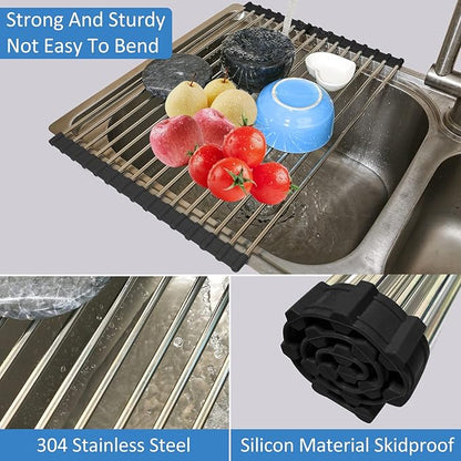 Ahyuan Roll Up Dish Drying Rack Multipurpose Kitchen Dish Rack Roll Over The Sink Dish Drying Rack Portable Rolling Dish Drainer For Kitchen Sink RV Accessories (Black, 17.7''X11.2'')