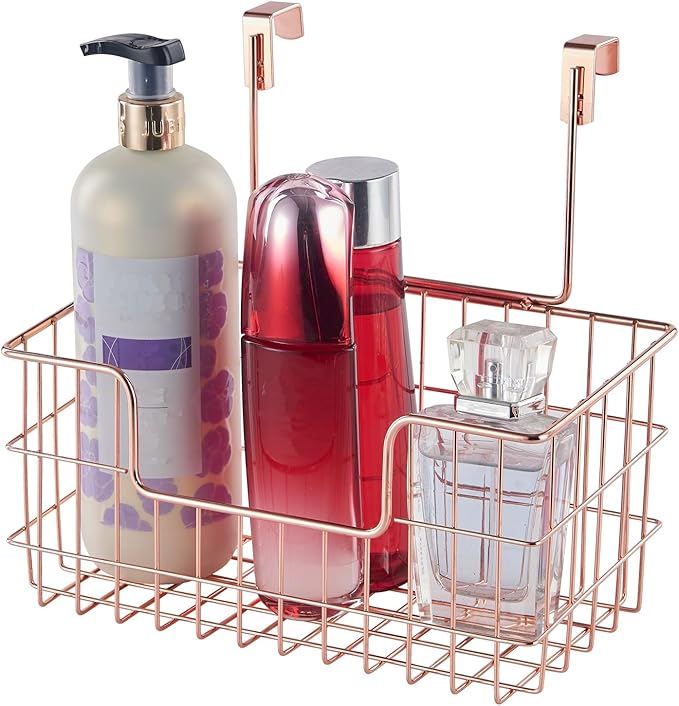 Wire Hanging Storage Basket 2 Packs, Wall Mounted Kitchen Bathroom Storage Basket, Home Multi-Functional, no Punching, Bearing Strong, Suitable for Home, Office,Rose Gold