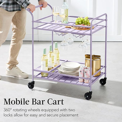 Best Choice Products Rolling Bar Cart, Mobile Home Bar Serving Cart, Serving Station w/ 2 Tier Shelves, Wine Rack, Lockable Wheels - Lavender