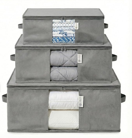 Cedar Storage Bag Organizer for Bedding Set - Protects from Moths, Moisture, Dirt & Dust - Set of 3 Storage Bags for Bed Sheets, Comforter, Pillows & More - Space-Saving Bedding Organizer, Gray