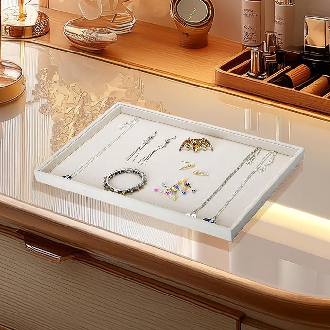 Mornajina 2 Pcs 13.8" x 9.5" Velvet Jewelry Tray Jewelry Display Tray Flat Tray, Stackable Empty Plate Trays for Earrings Necklaces Bracelet Rings Display Showcase - Beige