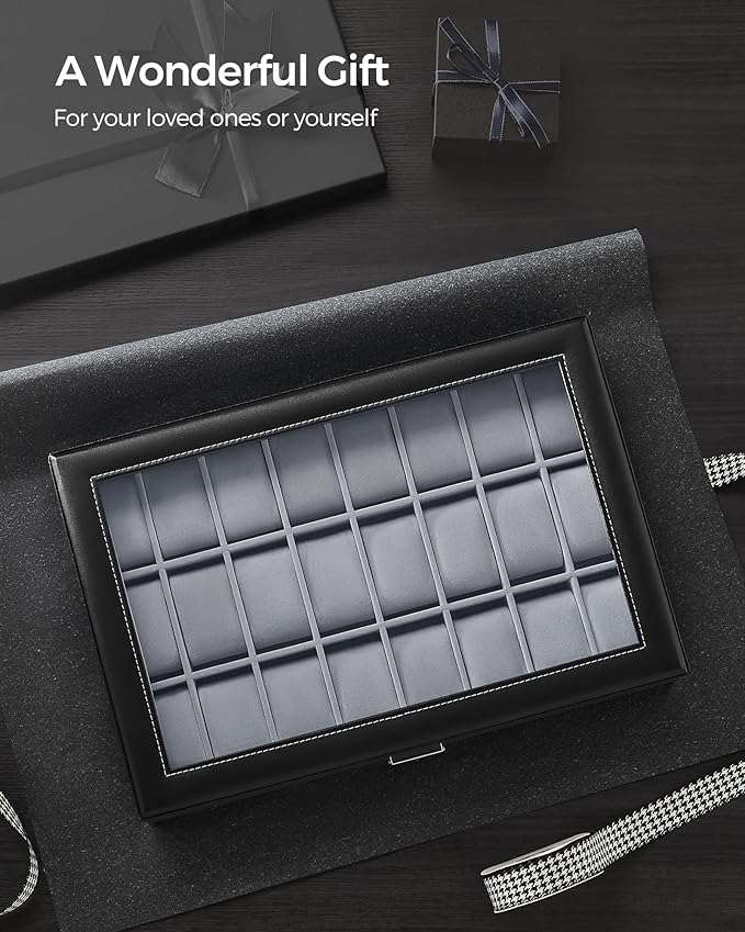 SONGMICS 24-Slot Watch Box, Lockable Watch Storage Case with Glass Lid, Gift Idea, Ink Black Synthetic Leather, Dove Gray Lining UJWB024