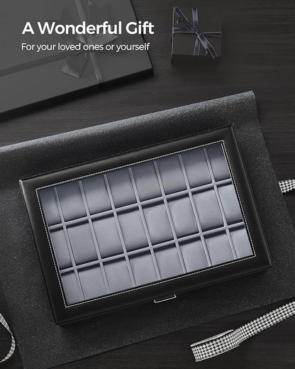 SONGMICS 24-Slot Watch Box, Lockable Watch Storage Case with Glass Lid, Gift Idea, Ink Black Synthetic Leather, Dove Gray Lining UJWB024