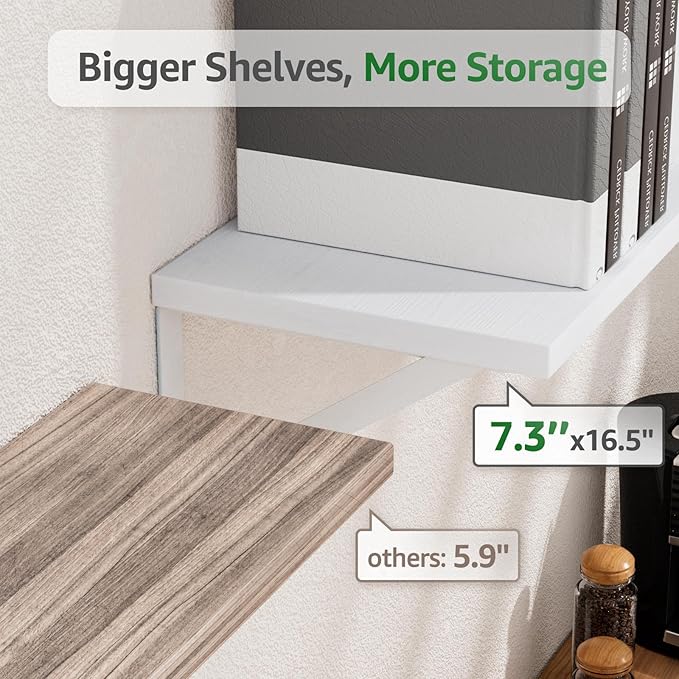 Wall Shelves 7.3" Deep Set of 3, Solid Paulownia Wood Wider Longer Sturdy Easy to Install Wall Mounted Bookshelves Storage Shelves Bathroom Storage Office Laundry Room Bedroom Organizer White