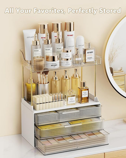 Anylady Bathroom Organizers and Storage, Makeup Organizer (Sturdy Durable Attractive), Ideal for Vanity, Countertop, Counter, Perfume, Skincare, Cabinet, Cosmetic, Dresser Organizer (White)