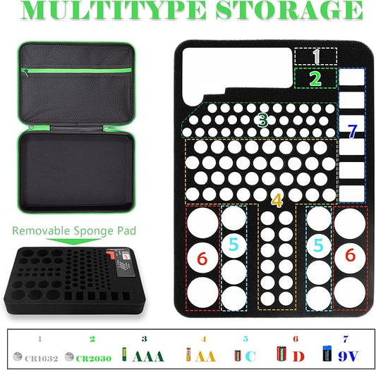 Battery Organizer Storage Case with Tester for AA AAA C D 9V Battery Holder 7 Batteries Variety Pack 111 Batteries Mesh Bag (Batteries Not Included) (black-green)