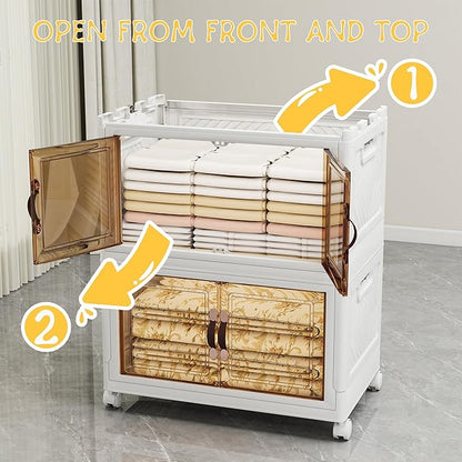 Vavkorkula Storage Bins with Lids and Wheels, 330QT-165QT*2Tier Collapsible Bathroom Storage Cabinet with Clear Doors, Plastic Stackable Closet Organizers and Containers White