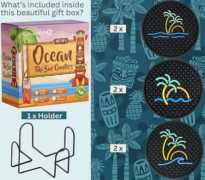 Tiki Bar Ocean Beach Coasters Set of 6 with Holder, Tiki Bar Decor Silicone Nautical Coasters, Hawaiian and Luau Decorations, Beach Theme Coastal Decor, Tropical Chill and Surf Waves Styles