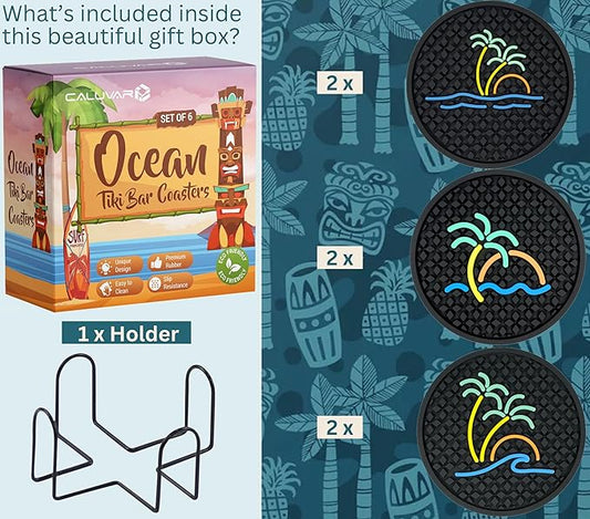 Tiki Bar Ocean Beach Coasters Set of 6 with Holder, Tiki Bar Decor Silicone Nautical Coasters, Hawaiian and Luau Decorations, Beach Theme Coastal Decor, Tropical Chill and Surf Waves Styles
