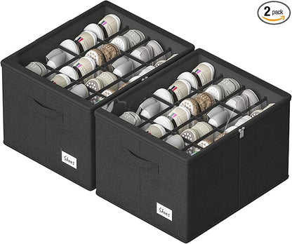 Shoe Organizer for Closet, 2 Pack Sturdy Shoe Storage Bins with Clear Cover, Fits 16-32 Pairs, Foldable Shoe Storage Box with Reinforced Handles (Black, 19.7 * 15.7 * 12.6in)