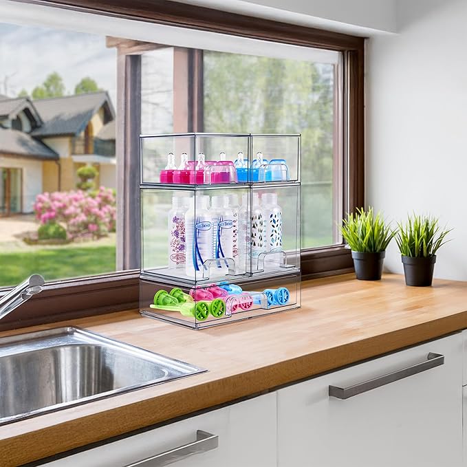 Sorbus Stackable Acrylic Storage Drawers,12 Pack Clear Plastic Organizer Bins for Baby Bottles, Makeup, Bathroom, Vanity & Kitchen Countertop Organization, Pull-Out Drawer Design for Cabinets & Pantry