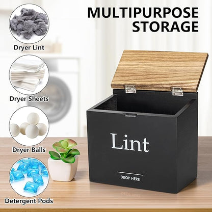 Magnetic Lint Bin for Laundry Room - Compact Size, Wooden Dryer Lint Holder with Lid - Rustic Lint Box, Magnetic Bin - Modern Farmhouse Laundry Room Decor, Black with Torched Lid