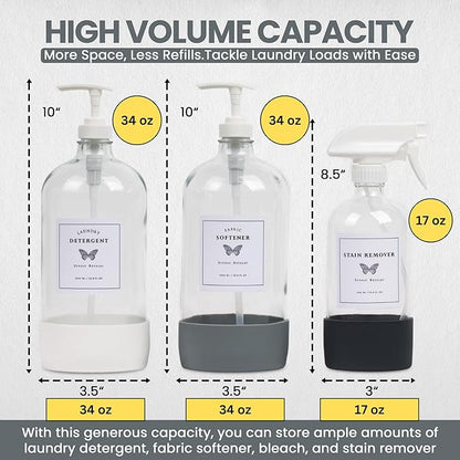 Glass Laundry Detergent Dispenser Set w/Silicone Base, 34 oz Laundry Pump Dispensers x 2, 17 oz Laundry Dispenser x 1 for Liquid Detergent/Stain Remover, Concentrated Laundry Detergent Dispenser