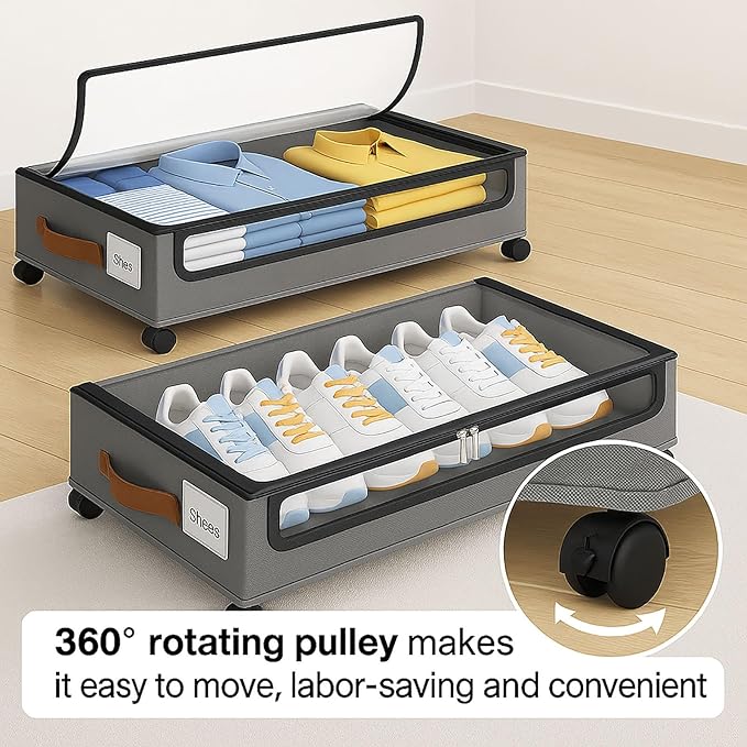 Under Bed Storage with Wheels – Foldable Rolling Organizer Bin with Lid & Label Slot, Clothes Storage Box for Blankets, Shoes, Sweaters, Underbed Storage Container for Bedroom & Closet (Gray*2pcs)