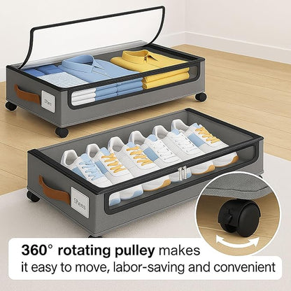 Under Bed Storage with Wheels – Foldable Rolling Organizer Bin with Lid & Label Slot, Clothes Storage Box for Blankets, Shoes, Sweaters, Underbed Storage Container for Bedroom & Closet (Gray*2pcs)