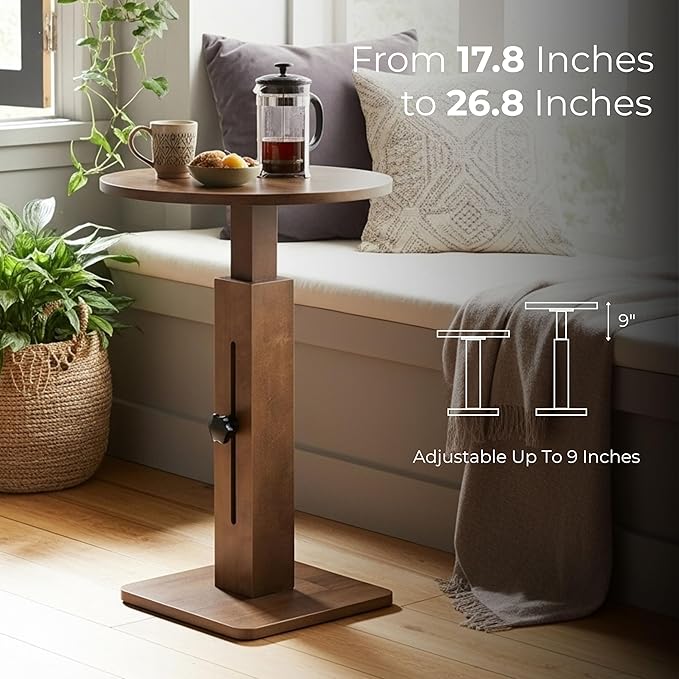 Behomes Aurin Solid Wood Nightstand, Mid Century Modern Side Table with Adjustable Height, Couch End Table, Accent Bedside Table for Bedroom, Living Room, Round Top, Walnut