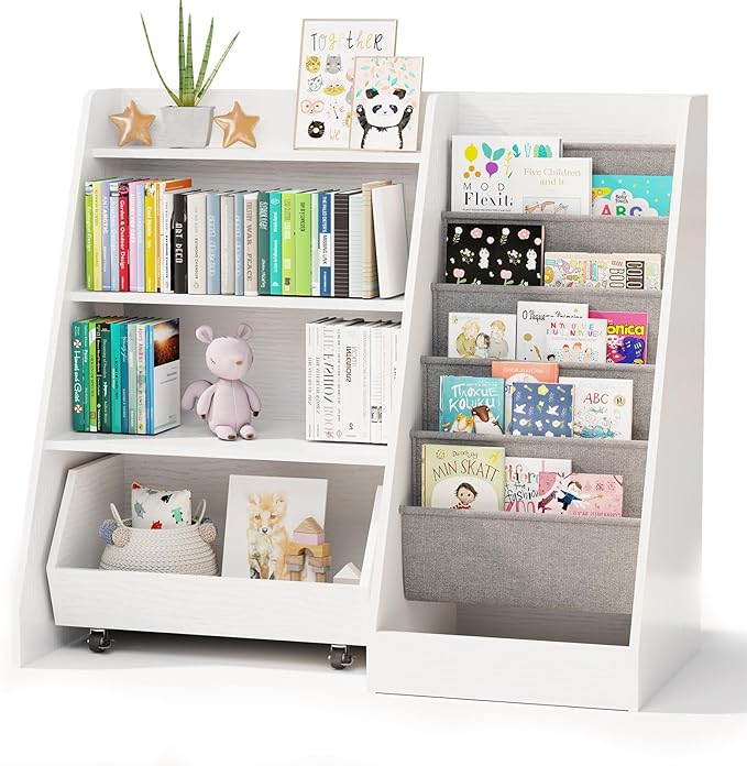 COZPAW Kids Bookshelf and Toy Storage, 4 Tier Toddler Bookshelf with Movable Drawer 5 Sling Pockets, Montessori Book Shelf for Kids Room, Playroom, Nursery (White)