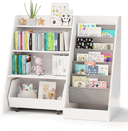 COZPAW Kids Bookshelf and Toy Storage, 4 Tier Toddler Bookshelf with Movable Drawer 5 Sling Pockets, Montessori Book Shelf for Kids Room, Playroom, Nursery (White)