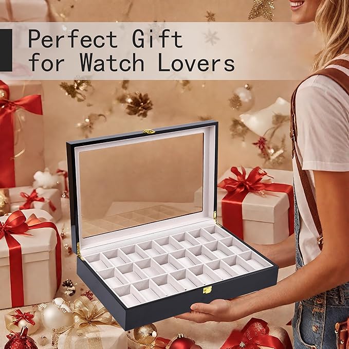 Baojulong 24-Slot Black Wooden Watch Box, Watch Organizer with Clear Lid, Ideal for Watches