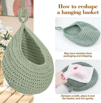 Boho Hanging Fruit Baskets for Kitchen with Hooks and Deco Flowers, 3 Pack handwoven Cotton hanging basket, Wall Basket for Vegetable Potato Onion Home Produce Storage (green)