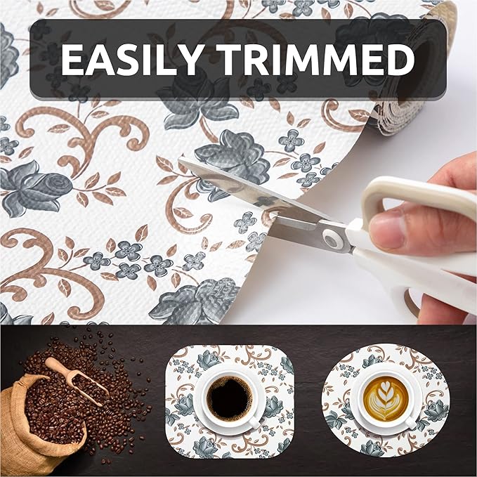 FIFTY FEET 12X120 Inch Shelf Liner for Kitchen Cabinets, PVC Drawer Liner for Dresser Non-Slip Bathroom, Non-Adhesive Cabinet Liner Washable (Black Floral)(10 Roll)