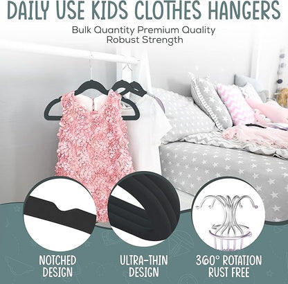 TechZoo 50 Premium Kids Velvet Hangers - 14" Non-Slip Clothes Hangers for Kids & Preteens - Ultra Slim, Space-Saving, Strong & Durable Hangers with 360° Swivel Hook - Black