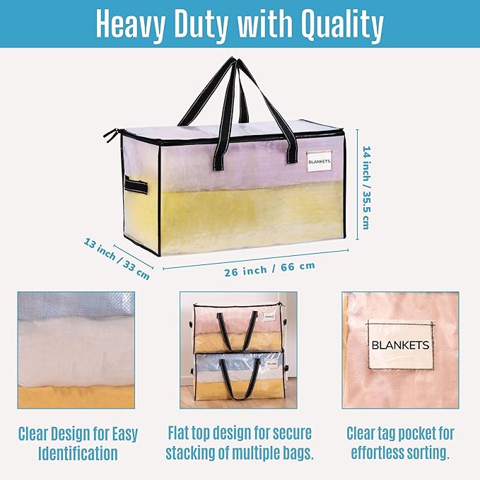 VENO 2 Pack Moving Bags, Christmas Storage Bins, Moving Boxes Alternative, Comforter and Blanket Storage Bags, College Dorm Packing Supplies, Foldable Heavy-Duty Tote (Clear, 2 Pack)