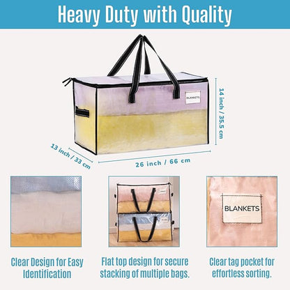 VENO 2 Pack Moving Bags, Christmas Storage Bins, Moving Boxes Alternative, Comforter and Blanket Storage Bags, College Dorm Packing Supplies, Foldable Heavy-Duty Tote (Clear, 2 Pack)