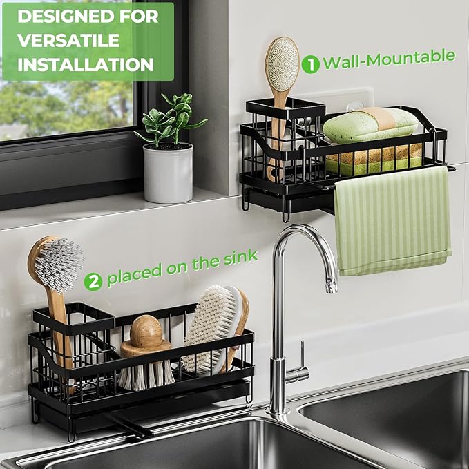 SOVGIZF Sink Caddy kitchen Organzier with High Brush Holder, Wall-Mounted Sponge Holder for Sink, Countertop Organizer Soap Dispenser Storage, Rustproof 304 Stainless Steel Kitchen Essentials