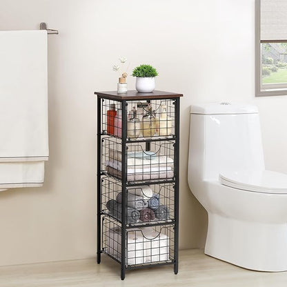 5-Tier FreeStanding Storage Shelves with 4 Pull-Out Baskets,Bathroom Organizer Shelves Unit with WoodTop,Fruit Basket for Kitchen,Storage Tower Organizer Basket Cart for Bathroom，Black