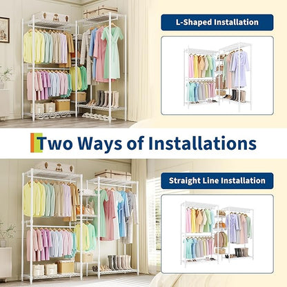Portable Clothes Rack Heavy Duty Garment Rack, L-Shaped Closet Wardrobe with Adjustable Shelves, Freestanding Closet Organizer and Storage for Corner Apartment Bedroom, 70.5"H x 85.4"L x 17.4"W
