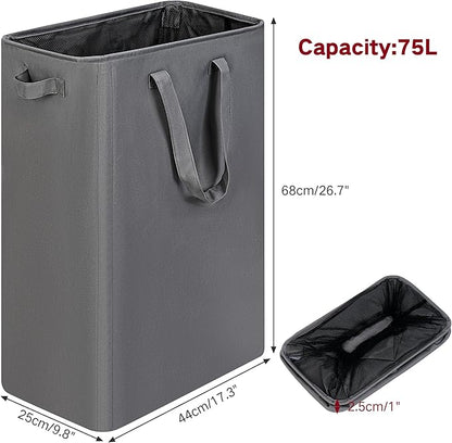 efluky Slim Laundry Basket, Narrow Laundry Hamper with Handles, Collapsible Dirty Clothes Hamper, Tall Laundry Bin for Laundry Room, Dorm and Bedroom, 19.8 Gallon (75L) Grey (Pack of 2)