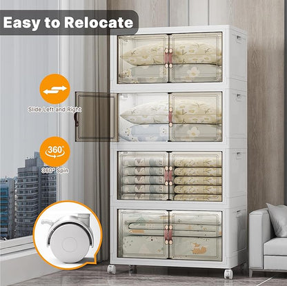 Extra Large Stackable Storage Bins with Lids & Wheels & Door, 640QT-160QT/40GAL*4Pack Foldable Collapsible Closet Organizers, Plastic Containers Drawers for Bedroom Dorm Garage Sturdy MAX