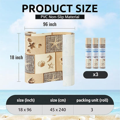 FIFTY FEET 18X96 Inch Shelf Liner for Kitchen Cabinets, PVC Drawer Liner for Dresser Non-Slip Bathroom, Non-Adhesive Cabinet Liner Washable (Beach)(3 Roll)