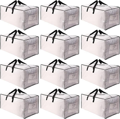 SWEET DOLPHIN 12 Pack Extra Large Moving Bags with Strong Zippers & Carrying Handles, Heavy Duty Storage Tote for Space Saving Moving Storage, Fold Flat, Alternative to Moving Box, Semi-Transparent