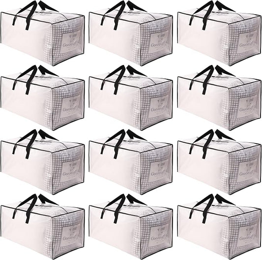 SWEET DOLPHIN 12 Pack Extra Large Moving Bags with Strong Zippers & Carrying Handles, Heavy Duty Storage Tote for Space Saving Moving Storage, Fold Flat, Alternative to Moving Box, Semi-Transparent