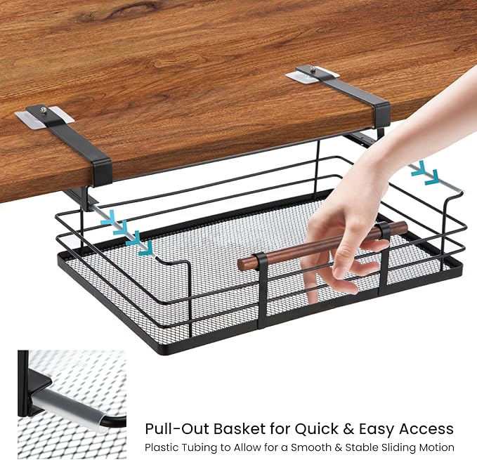 Home Zone Living 2-Pack Under Shelf Pull-Out Drawer Kitchen Cabinet Organizer with Steel Mesh Basket and Wooden Handle, 17 Inch Length