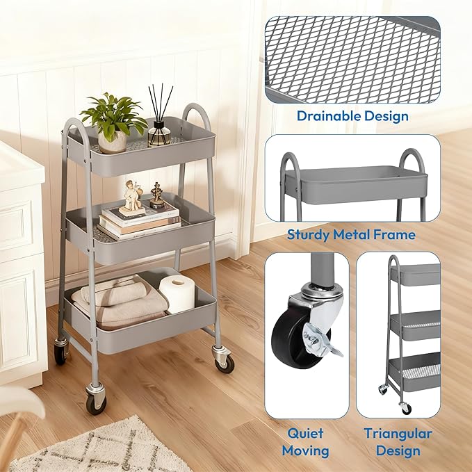 Rolling Carts with Wheels, 3 Tier Storage Cart for Kitchen Snack Cart with Lockable Wheels, Utility Storage Organizer Carts Diaper Cart for Nursery, Grey