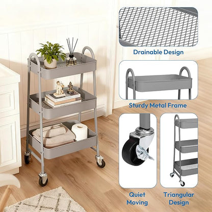 Rolling Carts with Wheels, 3 Tier Storage Cart for Kitchen Snack Cart with Lockable Wheels, Utility Storage Organizer Carts Diaper Cart for Nursery, Grey