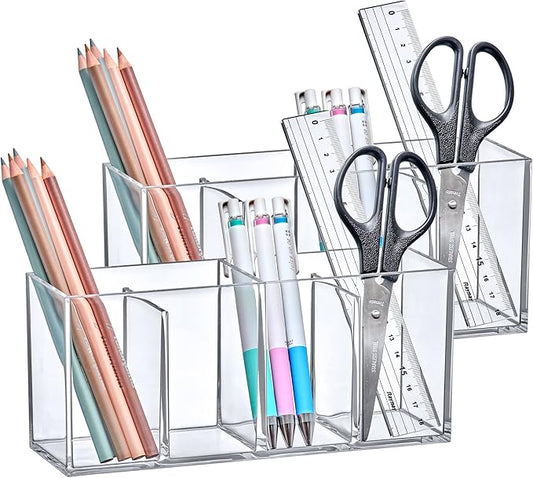 Amazing Abby - Glamour - 2-Pack Acrylic 4-Compartment Makeup Organizer, Transparent Plastic Makeup Brush Holder, Perfect Bathroom Vanity Storage Solution for Makeup Brushes, Eyebrow Pencils, and More